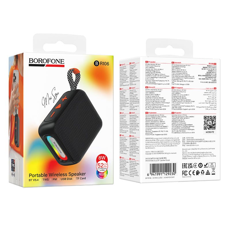 Borofone BR106 Felicitous bærbar Bluetooth-høyttaler, 8 W, TWS, RGB, svart