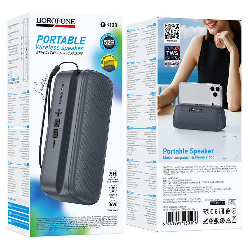 Bærbar Bluetooth-høyttaler Borofone BR108 Serenjoy, 5 W, TWS, grå