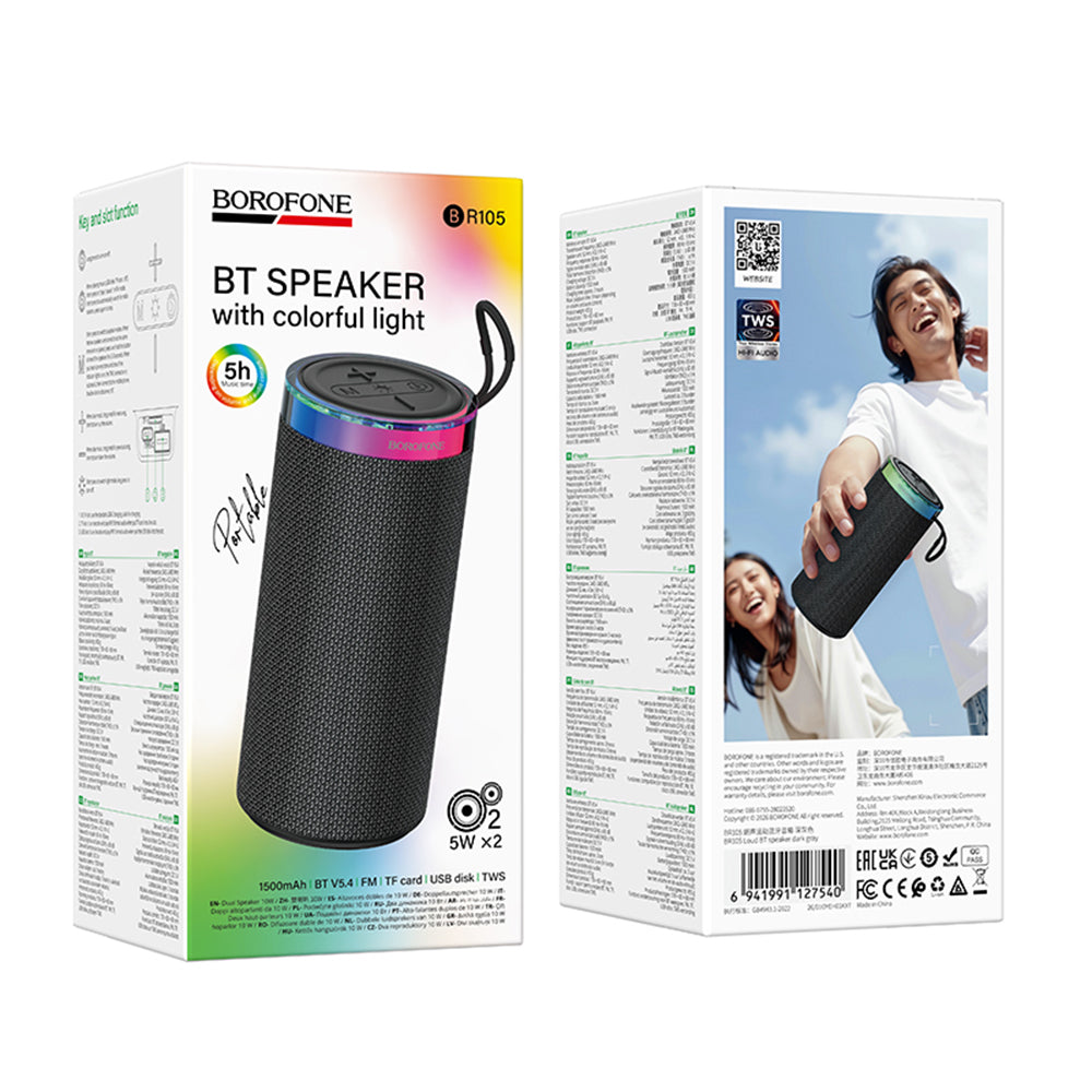 Bærbar Bluetooth-høyttaler Borofone BR105 Loud, 10W, TWS, RGB, Grå
