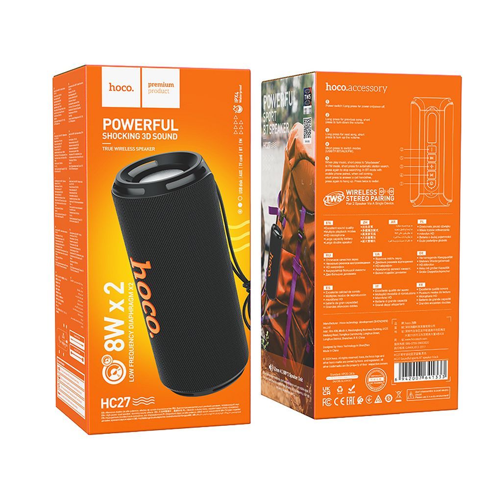 Bærbar Bluetooth-høyttaler HOCO HC27, 2 x 8W, Svart