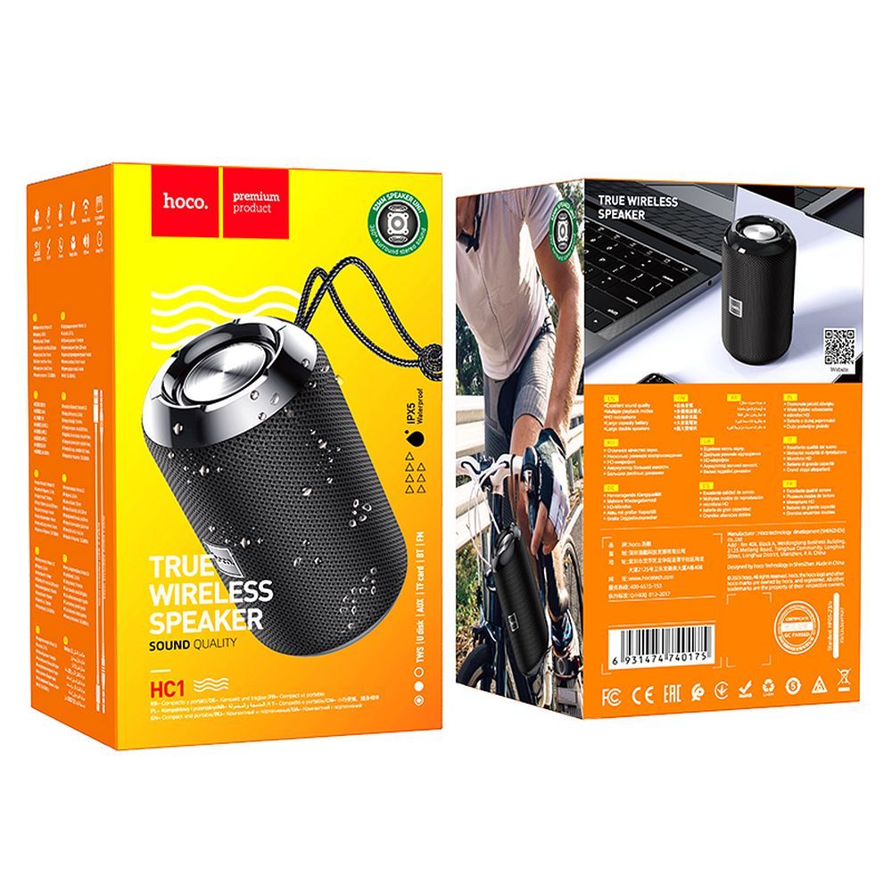 Bærbar Bluetooth-høyttaler HOCO HC1, 5W, TWS, Vanntett, Svart