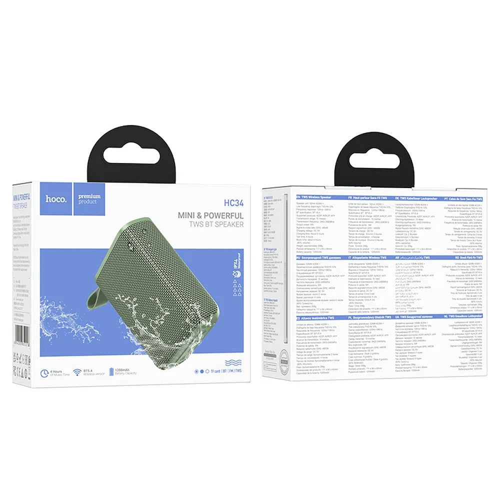 Bærbar Bluetooth-høyttaler HOCO HC34, 5W, TWS, Vanntett, Grønn