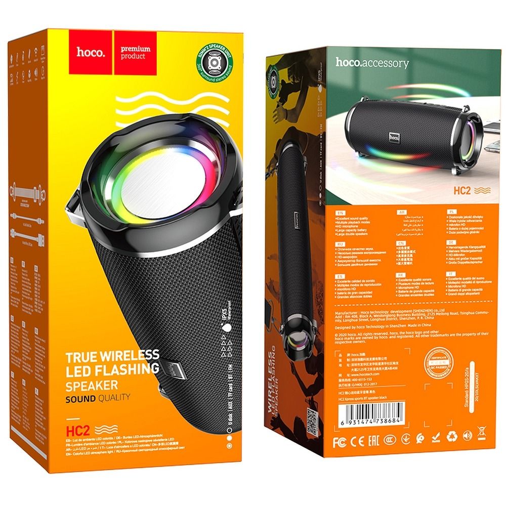 Bærbar Bluetooth-høyttaler HOCO HC2, 2 x 5W, TWS, RGB, Svart