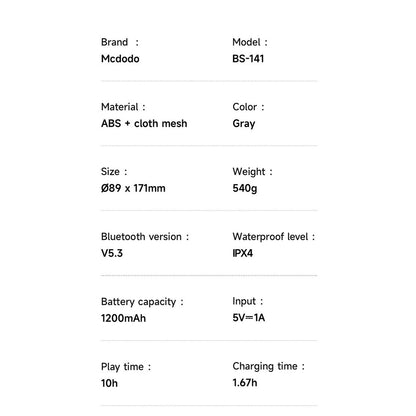Bærbar Bluetooth-høyttaler McDodo BS-1410, 2 x 5W, RGB, Vanntett, Svart