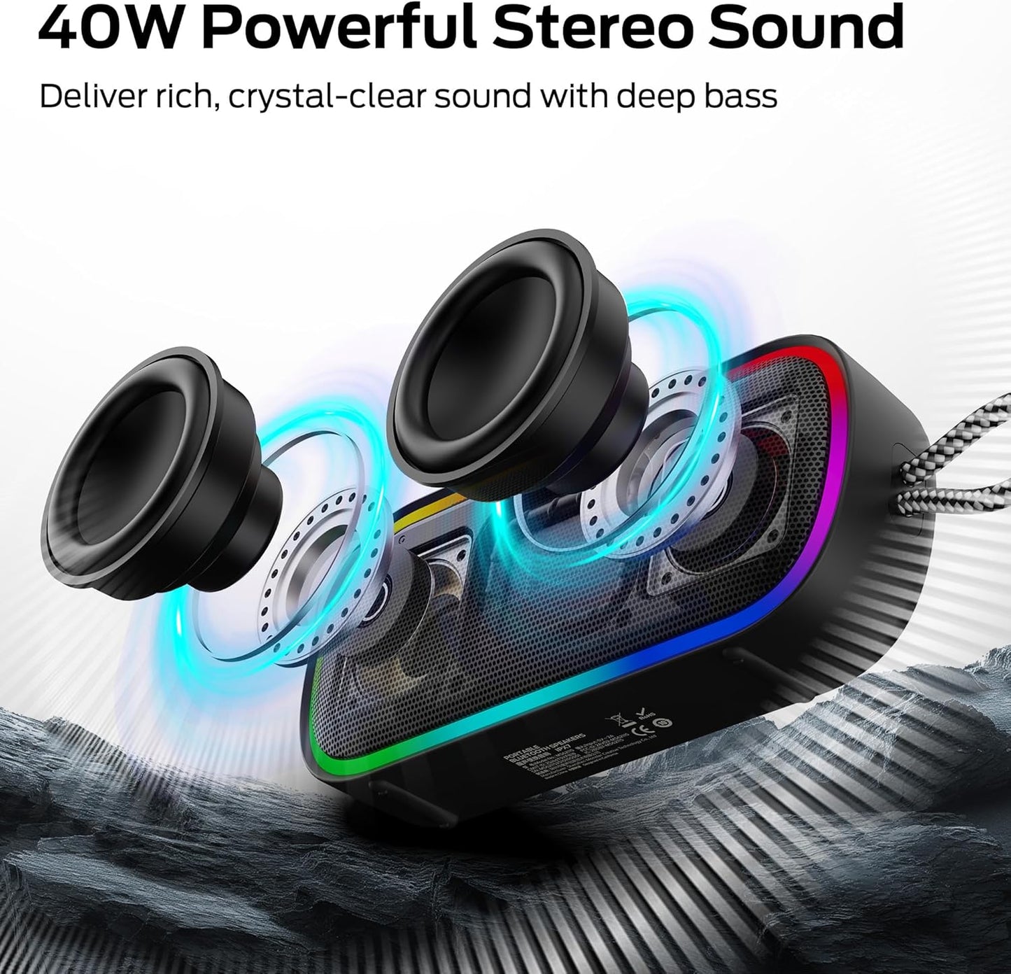 Monster S150 Plus bærbar Bluetooth-høyttaler, 40W, TWS, RGB, vanntett, svart