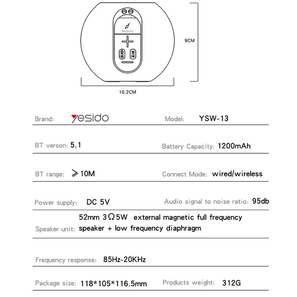 Bærbar Bluetooth-høyttaler Yesido YSW13, 5W, RGB, Blå
