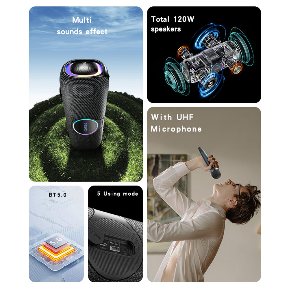 Bluetooth-høyttaler Yesido YSW21 Karaoke, 120W, RGB, vanntett, svart