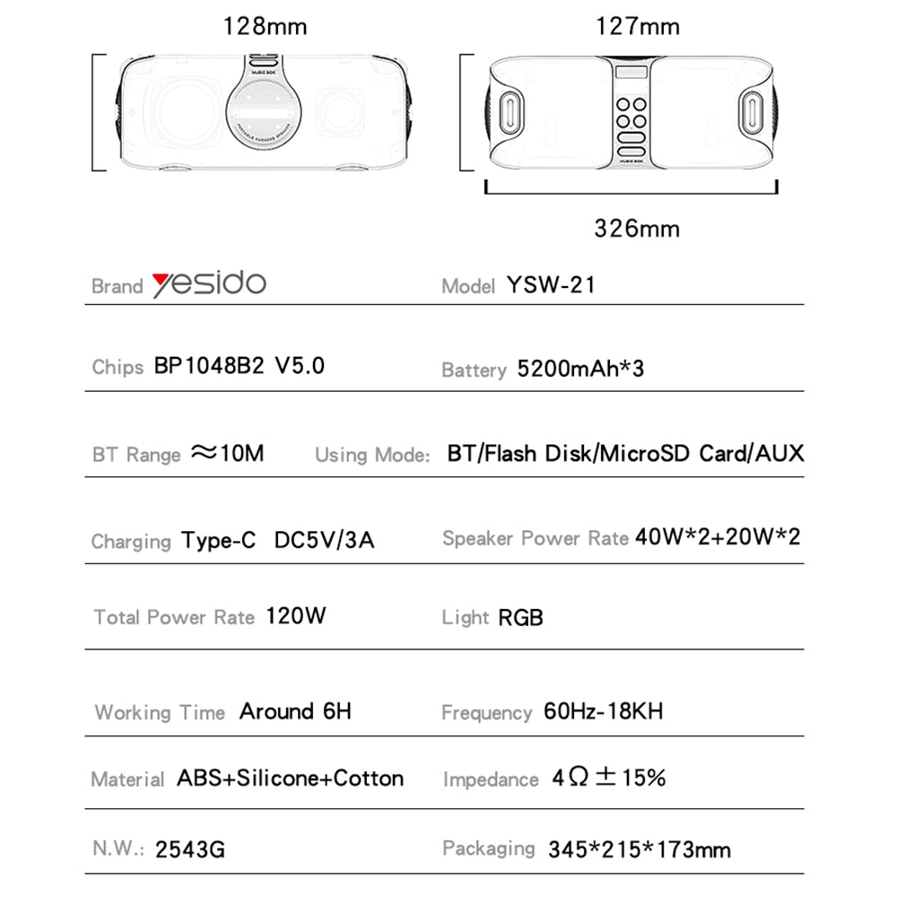 Bluetooth-høyttaler Yesido YSW21 Karaoke, 120W, RGB, vanntett, svart