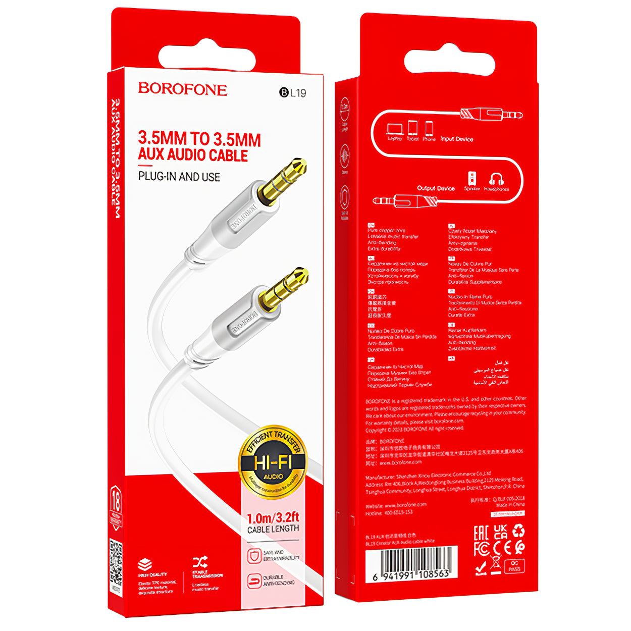 Audio Kabel 3.5mm - 3.5mm Borofone BL19 Creator, 1m, Hvit