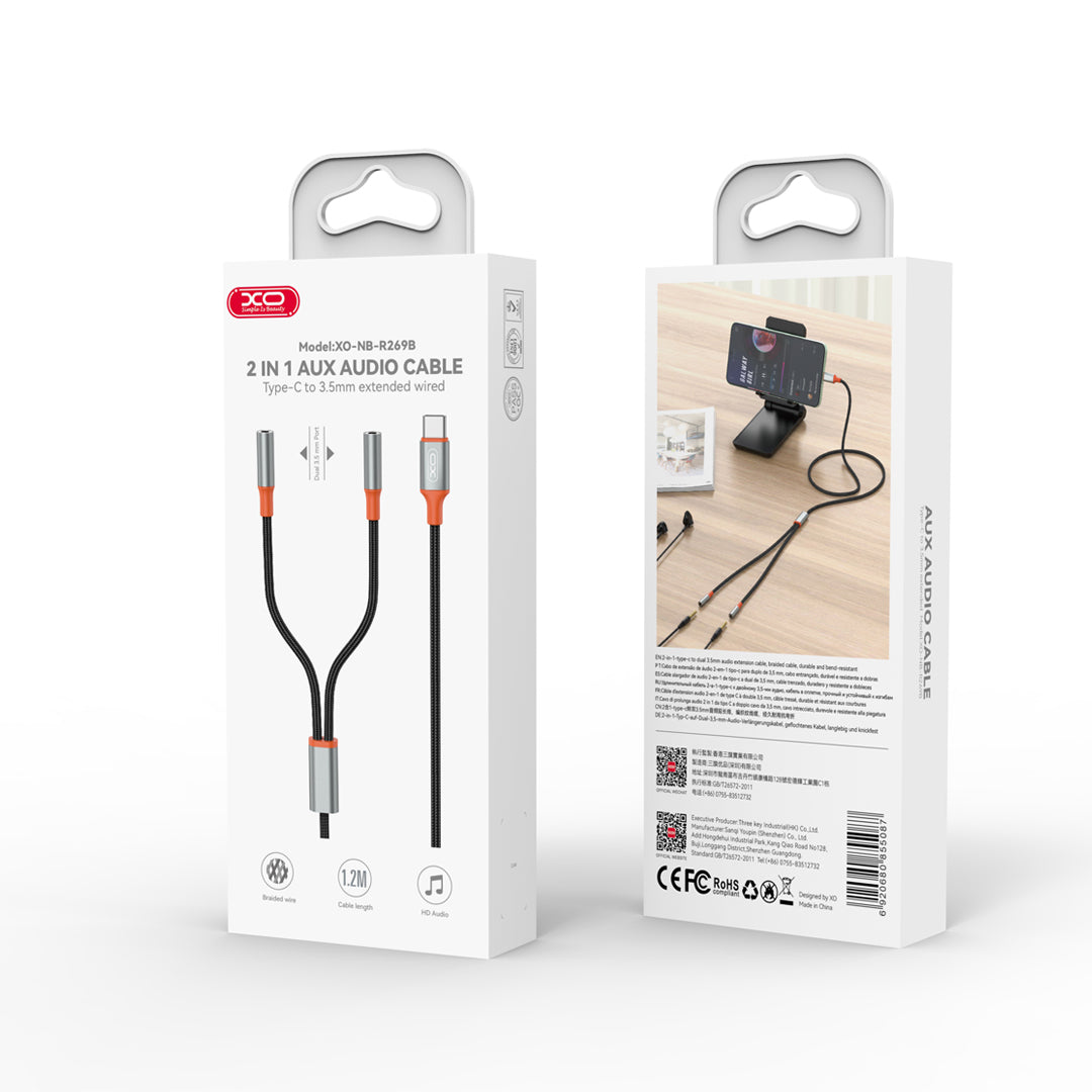 USB-C lydsplitterkabel - 2 x 3,5 mm XO Design NB-R269B 2in1, 1,2 m, svart 