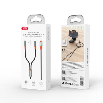 USB-C lydsplitterkabel - 2 x 3,5 mm XO Design NB-R269B 2in1, 1,2 m, svart 