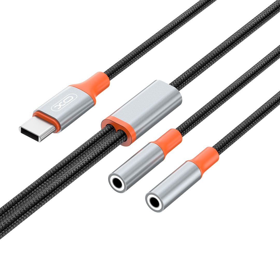 USB-C lydsplitterkabel - 2 x 3,5 mm XO Design NB-R269B 2in1, 1,2 m, svart 