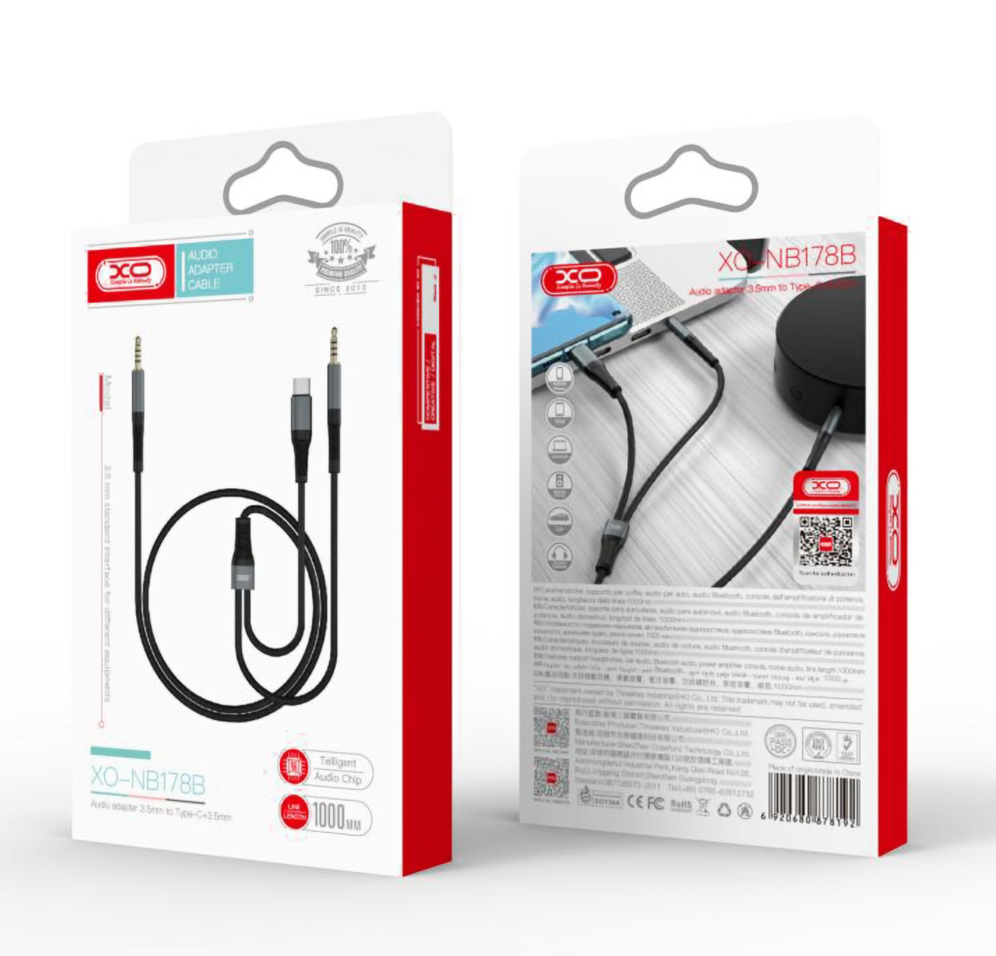 Audio-kabel USB-C / 3.5mm - 3.5mm XO Design NB178B, 1m, Svart