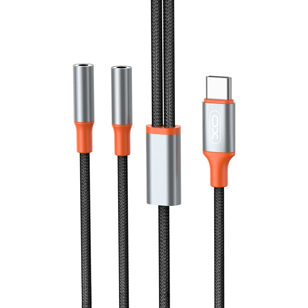 USB-C lydsplitterkabel - 2 x 3,5 mm XO Design NB-R269B 2in1, 1,2 m, svart 