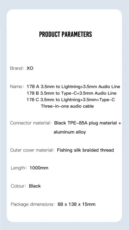 Audio-kabel USB-C / 3.5mm - 3.5mm XO Design NB178B, 1m, Svart