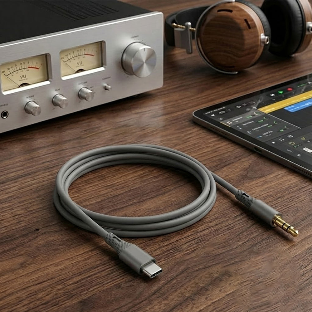 USB-C til 3.5mm Techsuit AC4 SoundFlex lydkabel, 1m, Grå