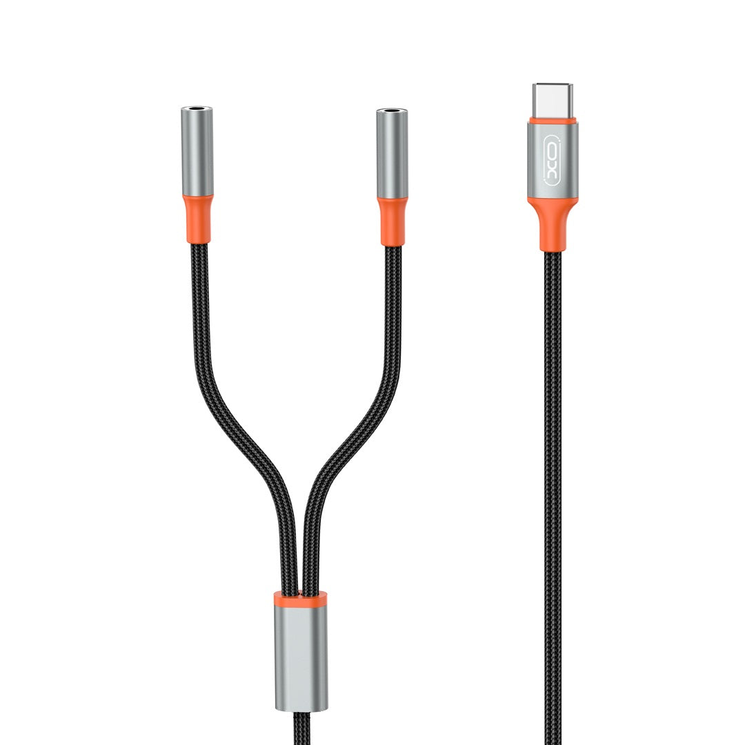 USB-C lydsplitterkabel - 2 x 3,5 mm XO Design NB-R269B 2in1, 1,2 m, svart 
