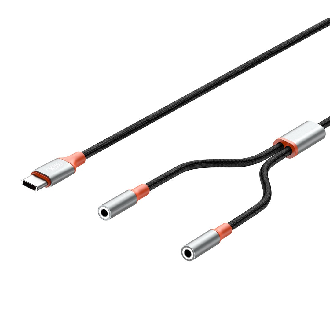 USB-C lydsplitterkabel - 2 x 3,5 mm XO Design NB-R269B 2in1, 1,2 m, svart 