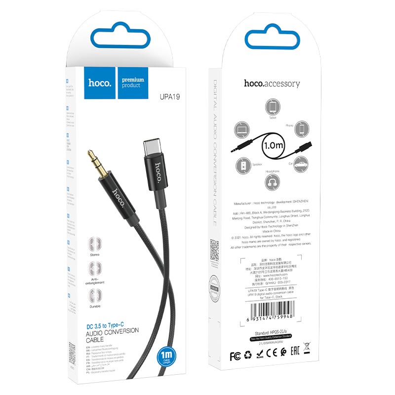 Audio Kabel USB-C - 3.5mm HOCO UPA19, 1m, Svart