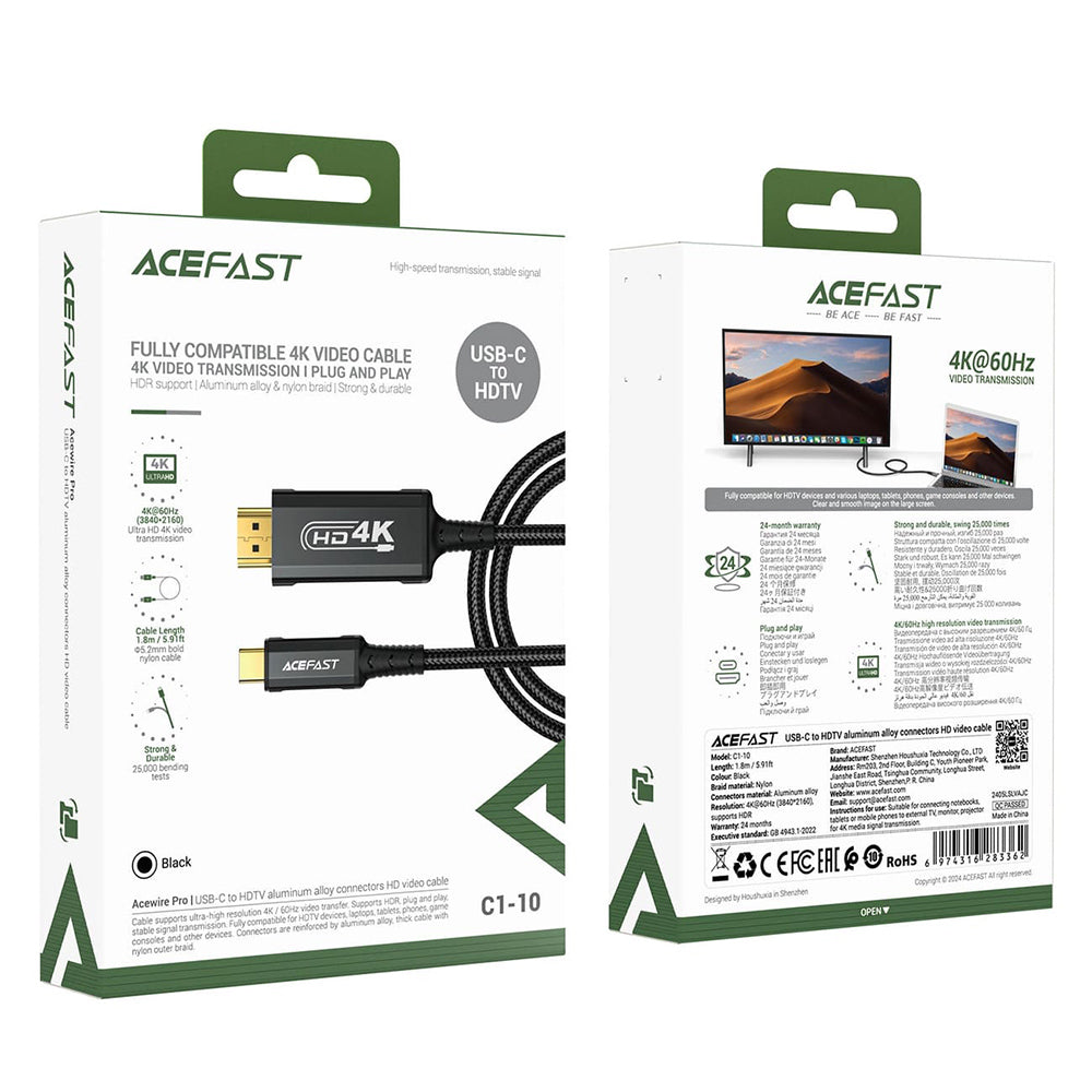 Audio- og videokabel USB-C - HDMI Acefast C1-10, 1.8m, Svart