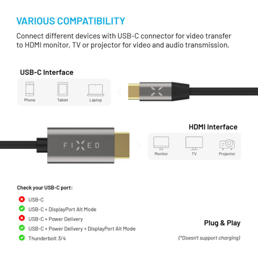 Audio- og videokabel USB-C - HDMI fast, 2m, grå