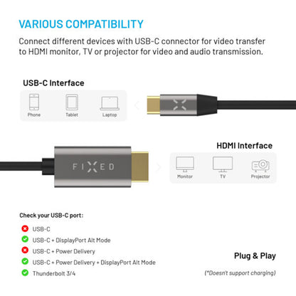 Audio- og videokabel USB-C - HDMI fast, 2m, grå