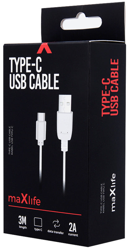 USB-A til USB-C data- og ladekabel MaXlife, 20W, 3m, hvit