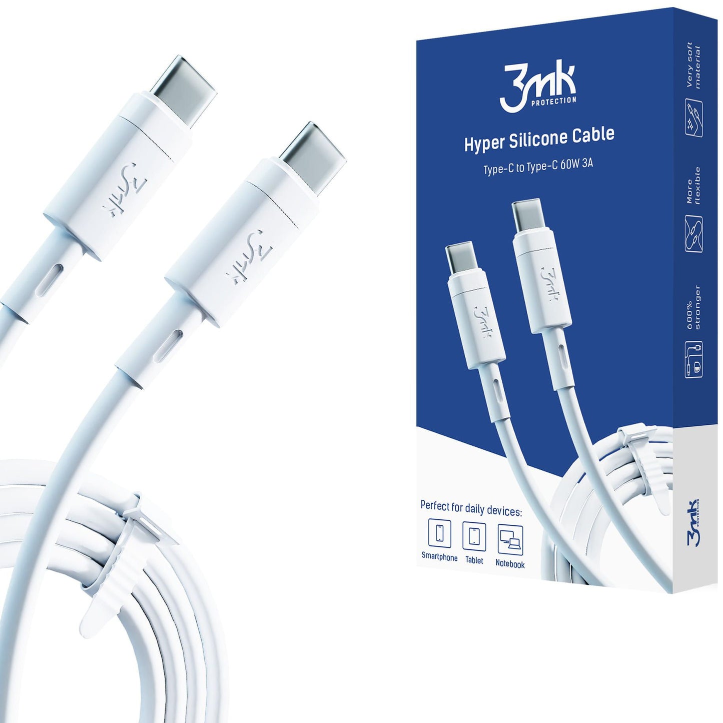 USB-C Data- og ladekabel - USB-C 3MK Hyper Silicone, 60W, 1m, Hvit