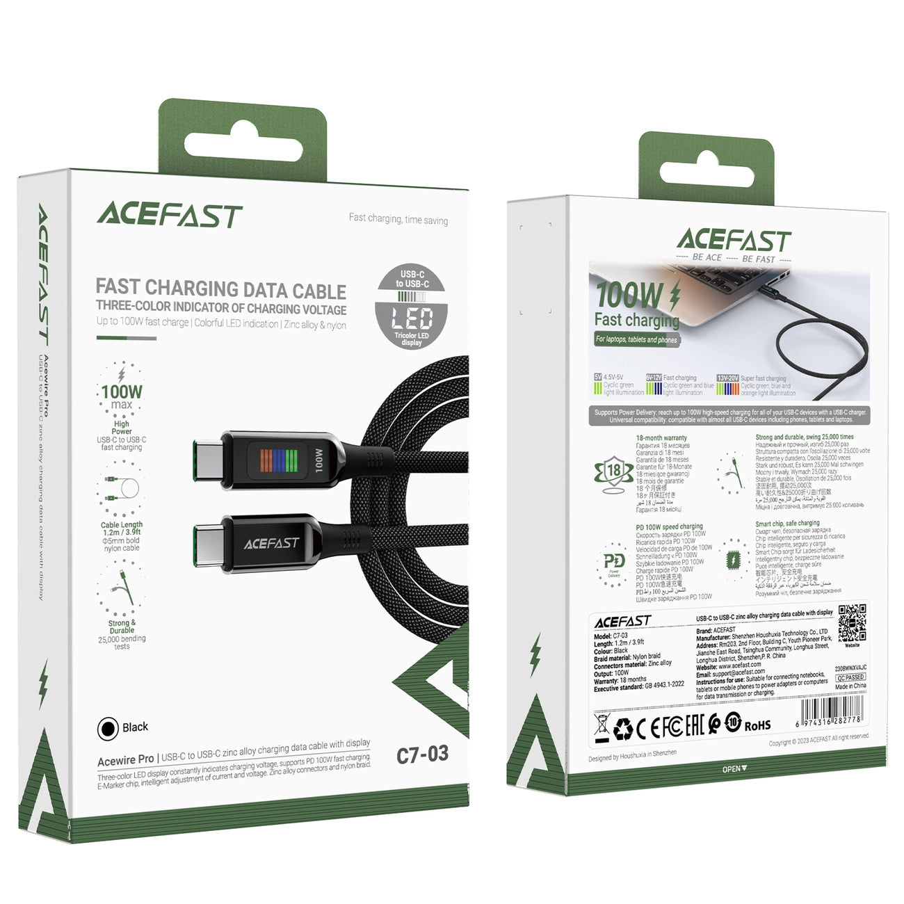 USB-C data- og ladekabel - USB-C Acefast C7-03, 100W, 1.2m, Svart