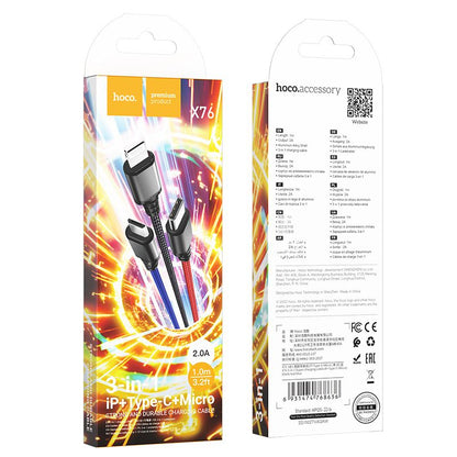USB-A ladekabel - Lightning / microUSB / USB-C HOCO X76 3i1, 18W, 1m, Flerfarget
