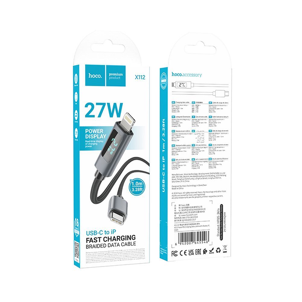 USB-C - Lightning Lade- og Datakabel HOCO Display X112, 27W, 1m, Svart
