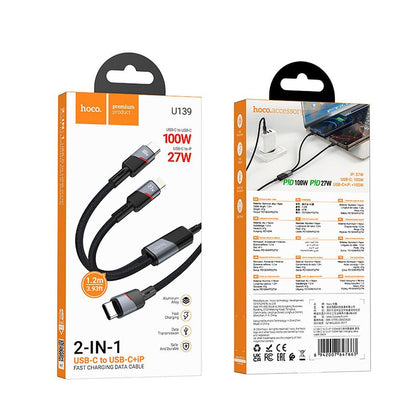 USB-C - Lightning / USB-C HOCO U139 2in1 data- og ladekabel, 100W, 1.2m, Svart