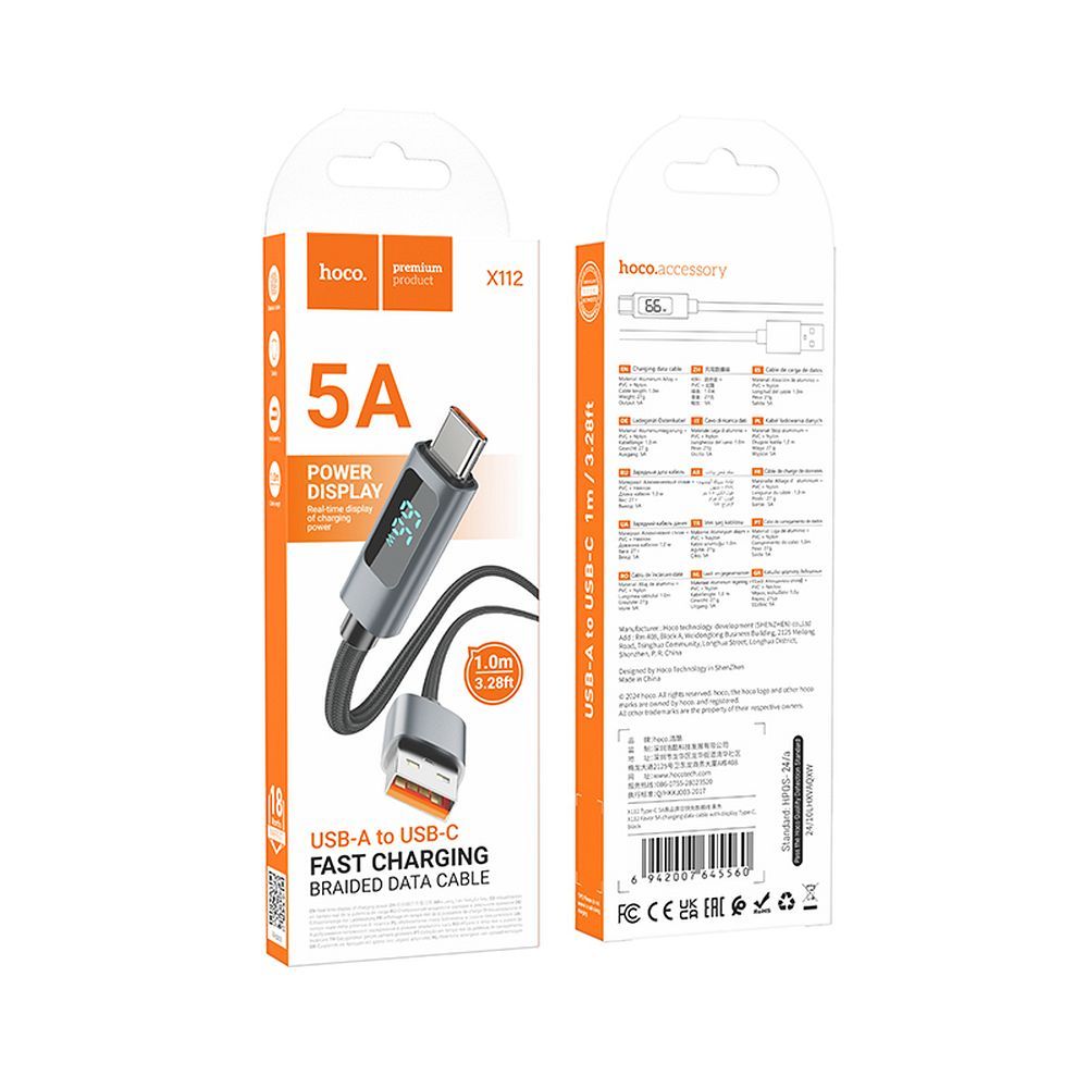 USB-A til USB-C HOCO Display X112 data- og ladekabel, 100W, 1m, Svart