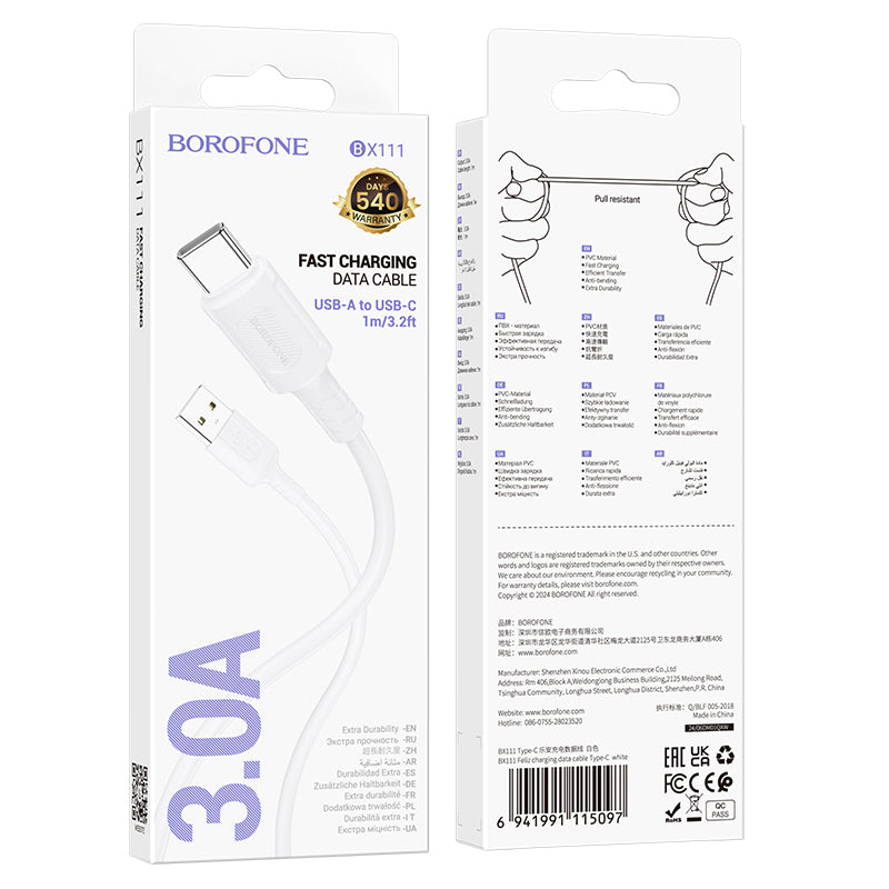 USB-A til USB-C Borofone BX111 Feliz data- og ladekabel, 20W, 1m, Hvit