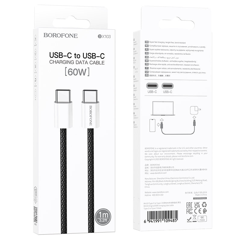 USB-C til USB-C data- og ladekabel Borofone BX103 Original, 60W, 1m, Svart