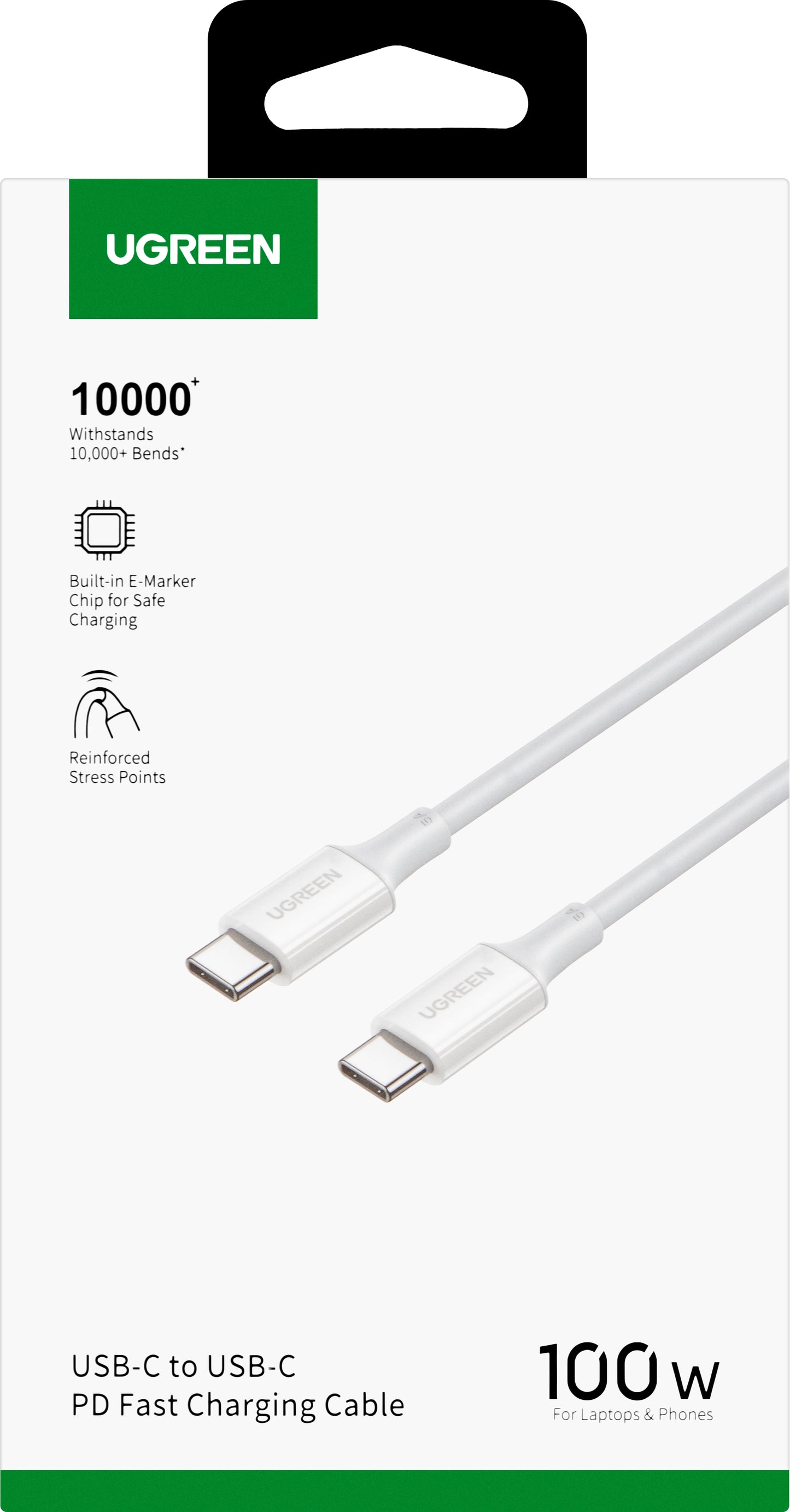 USB-C til USB-C data- og ladekabel UGREEN US300, 100W, 2m, Hvit