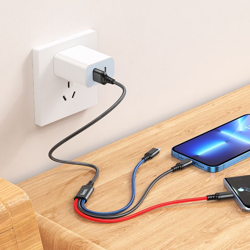 USB-A ladekabel - Lightning / microUSB / USB-C HOCO X76 3i1, 18W, 1m, Flerfarget