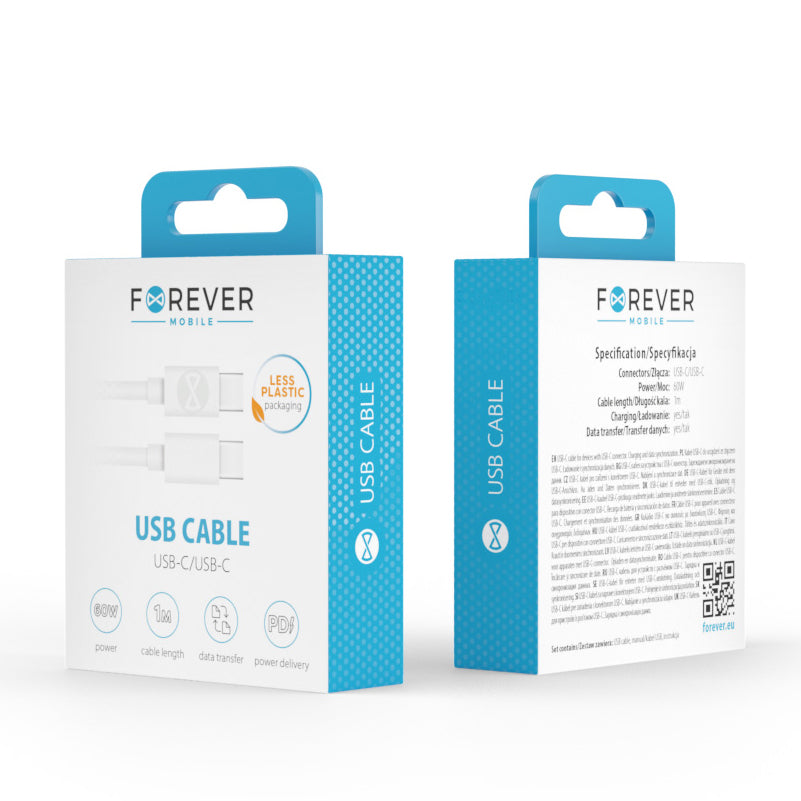 USB-C data- og ladekabel - USB-C Forever, 60 W, 1 m, hvit
