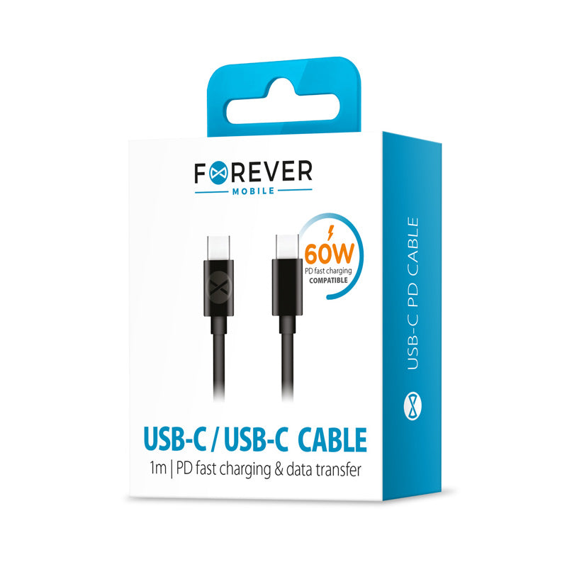 USB-C Data- og Ladekabel - USB-C Forever, 60W, 1m, Svart