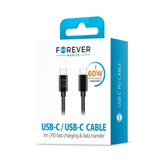 USB-C Data- og Ladekabel - USB-C Forever, 60W, 1m, Svart