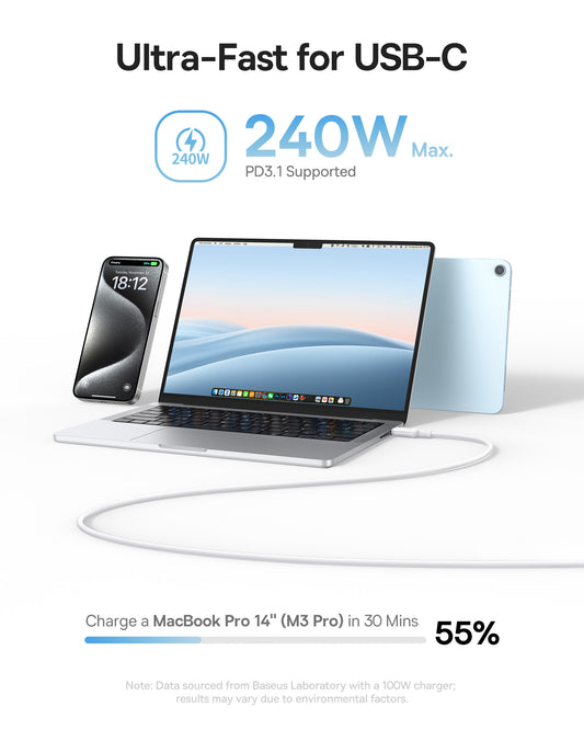 USB-C til USB-C Baseus PicoGo data- og ladekabel, 240W, 1m, Hvit P10376800211-00