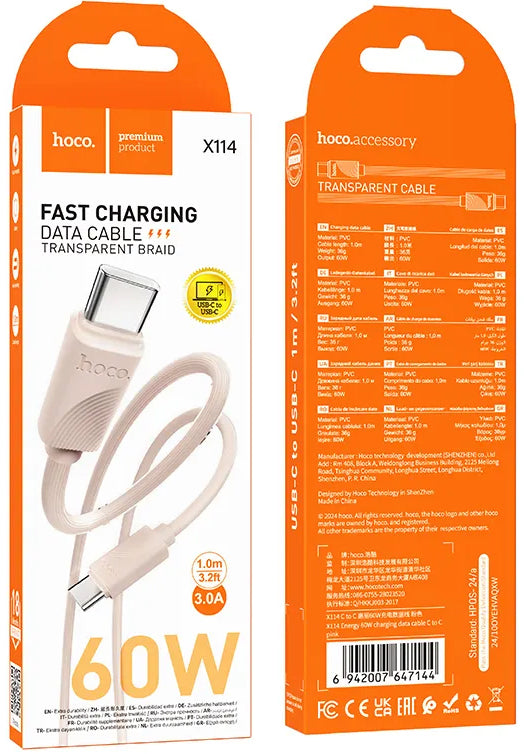 USB-C til USB-C data- og ladekabel HOCO X114, 60W, 1m, Rosa