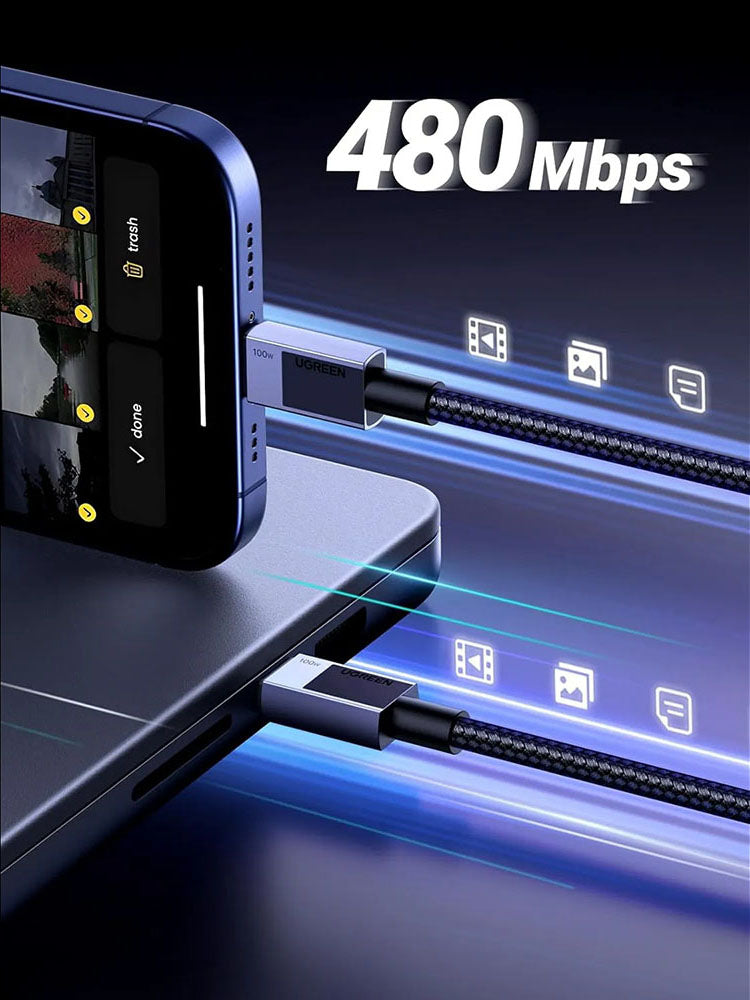 USB-C til USB-C UGREEN L512 data- og ladekabel, 100W, 0.5m, Grå