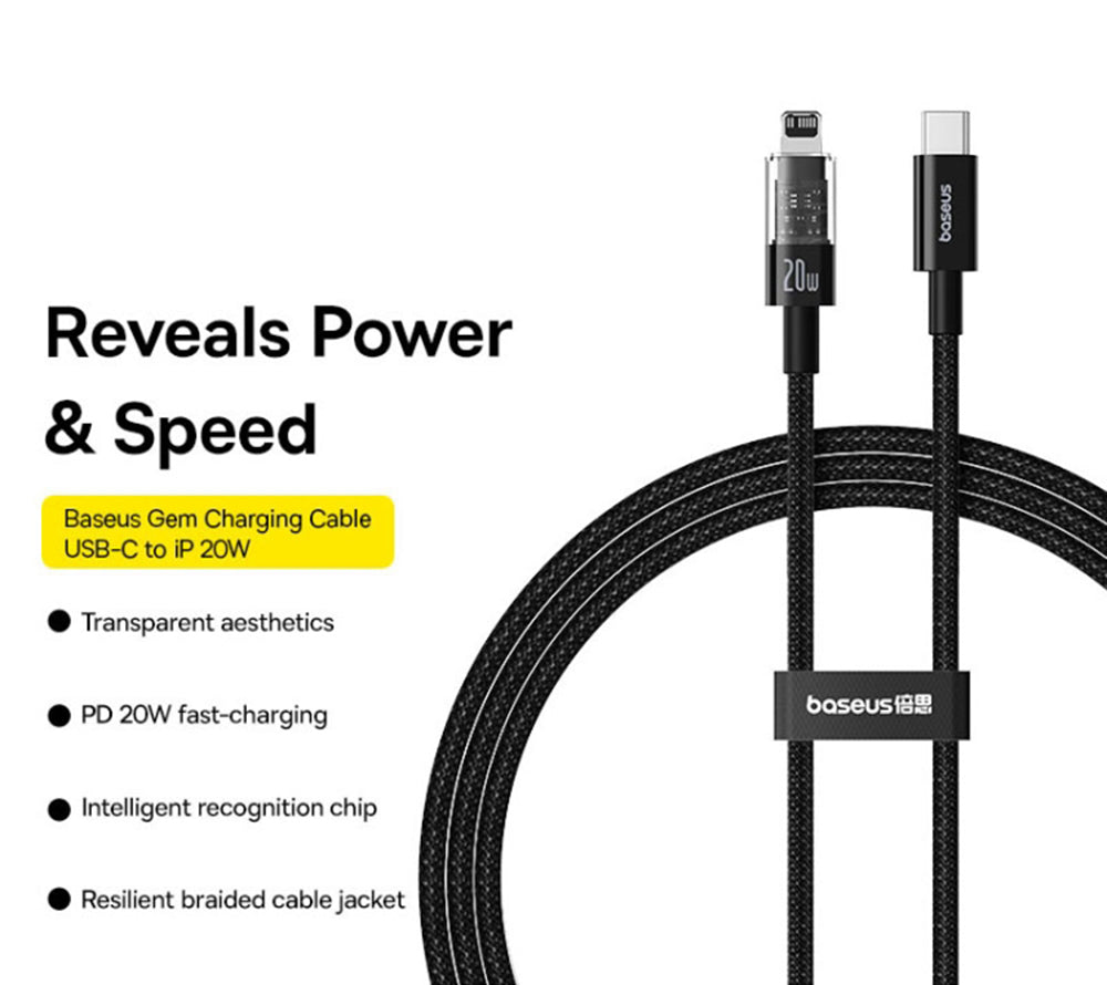 USB-C - Lightning Baseus Gem data- og ladekabel, 20W, 2m, Svart P10373001111-01