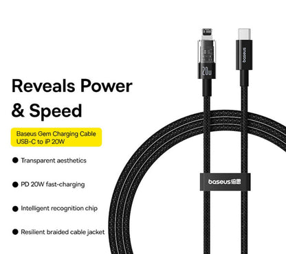 USB-C - Lightning Baseus Gem data- og ladekabel, 20W, 2m, Svart P10373001111-01