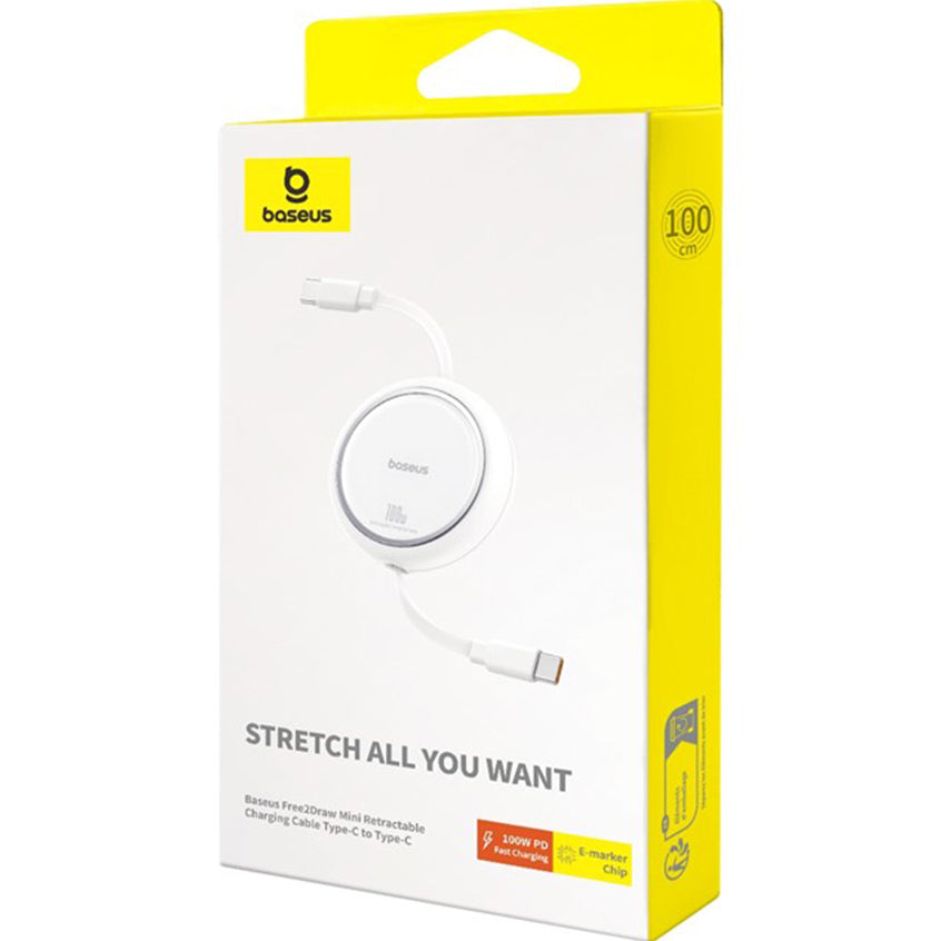 USB-C til USB-C Baseus Free2Draw Mini Retractable Data- og Ladekabel, 100W, 1m, Hvit P10364500211-00