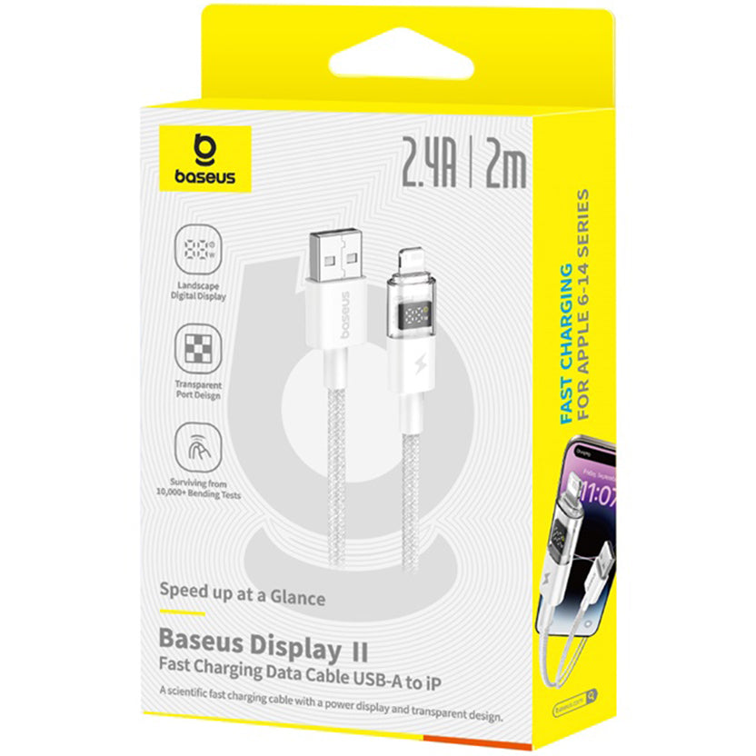 USB-A - Lightning Baseus Display 2 data- og ladekabel, 18W, 2m, Hvit P10382700211-01