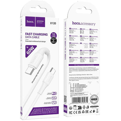 USB-C til USB-C data- og ladekabel HOCO X120, 60W, 1m, Hvit