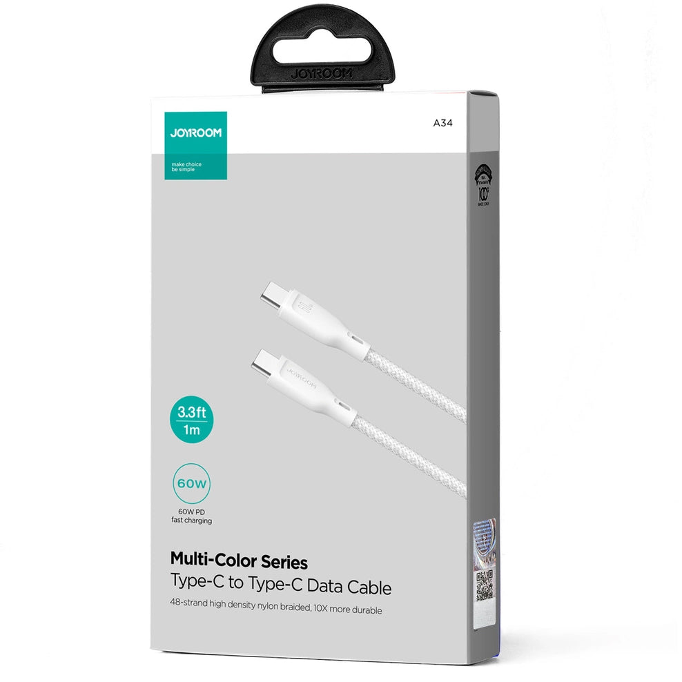 USB-C til USB-C data- og ladekabel Joyroom Multi-Color S-A34, 60W, 1m, Hvit