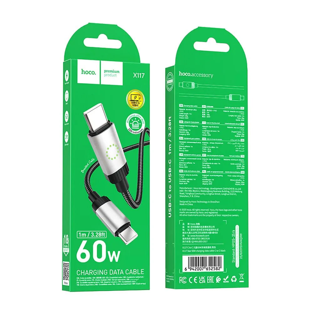 USB-C til USB-C data- og ladekabel HOCO X117, 60W, 1m, Svart